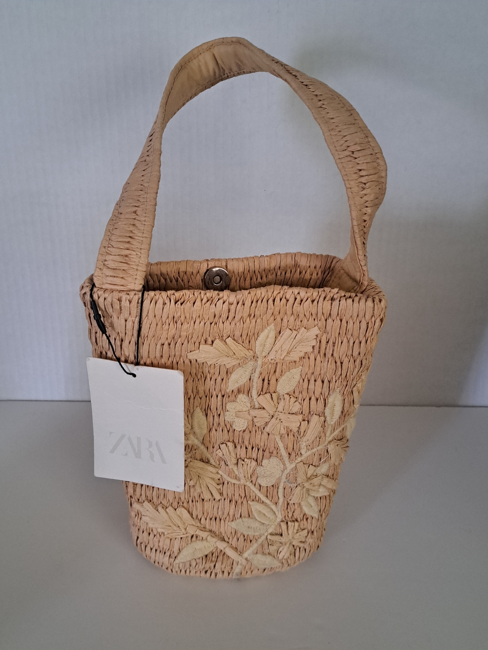 Zara Natural Paper Woven Mini Bucket Bag with Embroidered Leaves